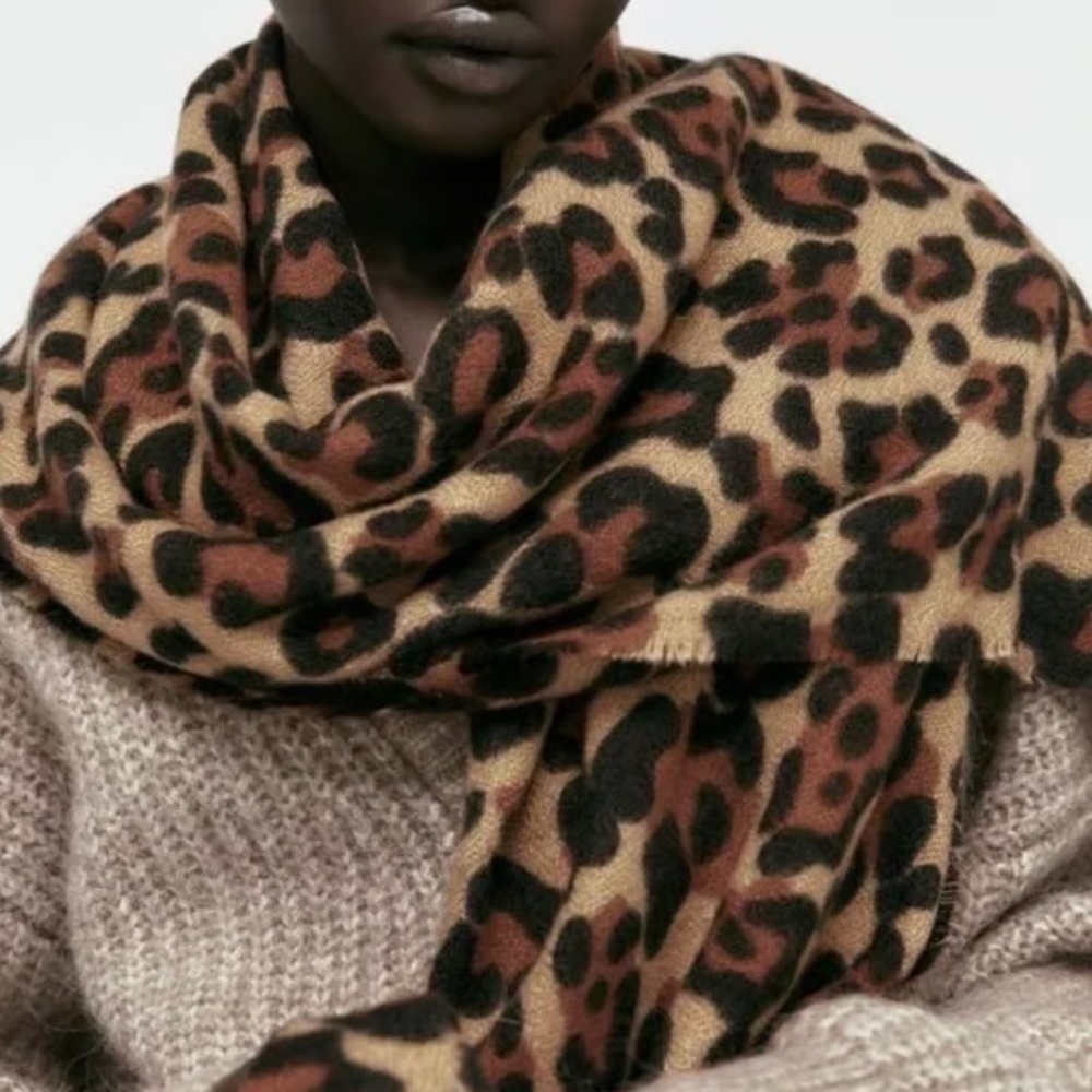 Zara Leopard Print Fringed Scarf